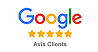 Badge Google 5 étoiles dorées pour une note parfaite. Le texte visible est "Avis Clients". Représente l'excellence des retours utilisateurs.
