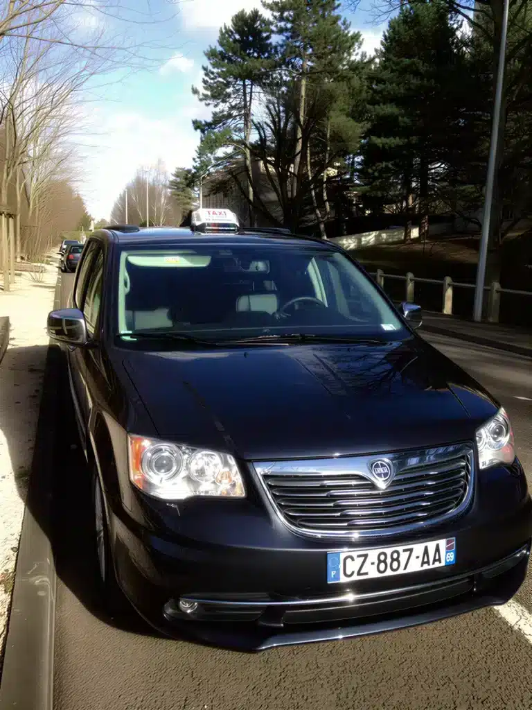 Taxi Lancia Voyager noir garé, plaque 69 Taxi Lancia Voyager noir garé en bord de route. Plaque française CZ-887-AA (69). Ciel bleu, arbres et pinèdes en arrière-plan.