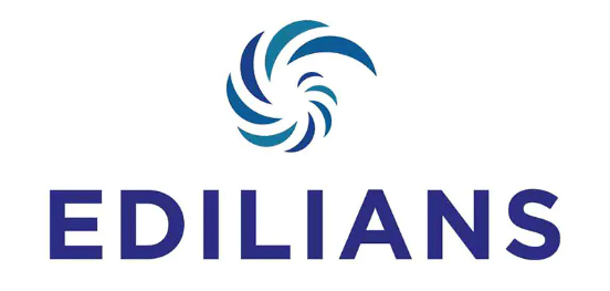 Logo Edilians - Expert en Solutions de Toiture Durable Logo Edilians avec un texte majuscule bleu et une spirale graphique aux nuances de bleu et turquoise.