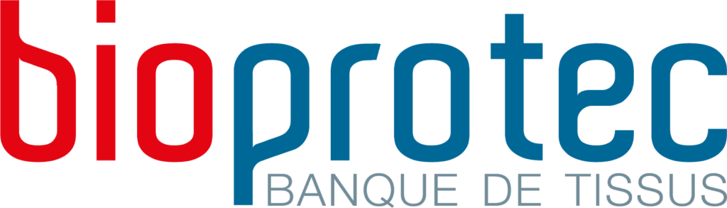 Logo Bioprotec : Banque de Tissus Humains de Confiance Logo bioprotec rouge et bleu avec le slogan BANQUE DE TISSUS en gris. Style graphique moderne et fluide.
