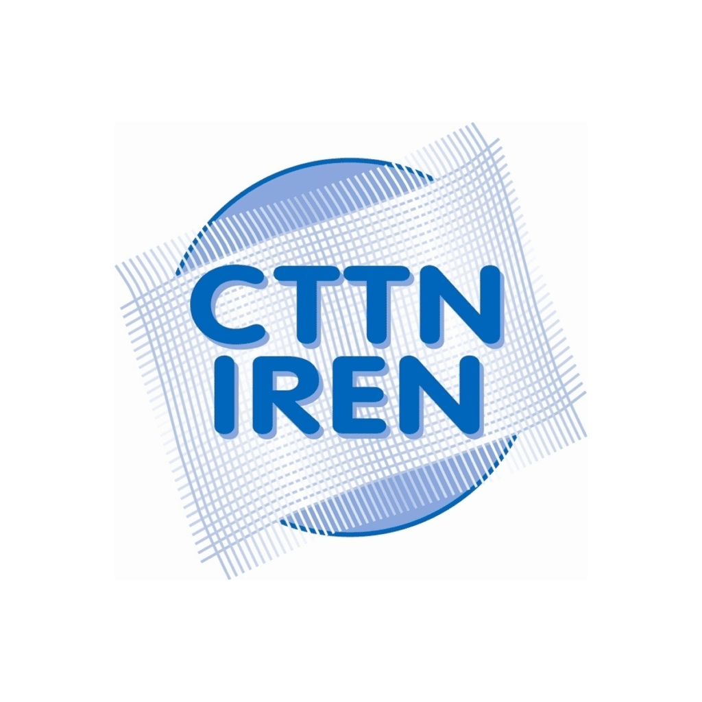 Logo CTTN IREN - Expert en Innovation et Entretien Textile Logo bleu et blanc CTTN IREN avec motif de textile tissé et cercle en arrière-plan.