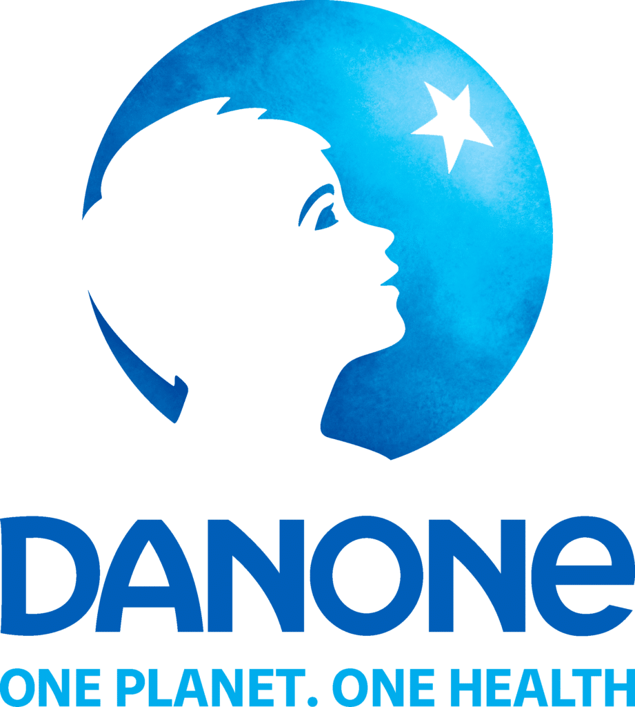 Logo Danone Officiel : One Planet One Health et Santé Logo Danone : silhouette d'enfant vers une étoile dans un disque bleu. Texte One Planet. One Health.