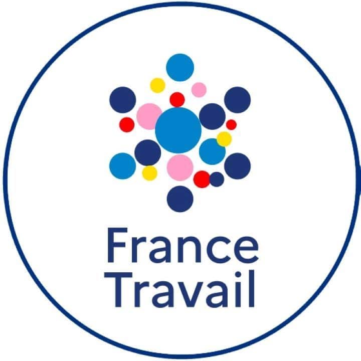 Logo France Travail : Nouvelle Identité Visuelle Officielle Logo France Travail avec un hexagone de points colorés et texte bleu marine dans un cercle.