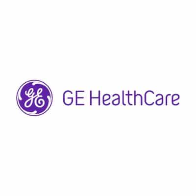 Logo GE HealthCare - Innovation en technologie médicale Logo violet GE HealthCare avec monogramme circulaire et nom de l'entreprise sur fond blanc.