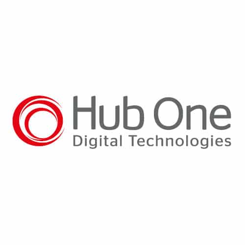 Logo Hub One Digital Technologies : Solutions Digitales Logo Hub One Digital Technologies avec une spirale rouge dynamique et texte gris sur fond blanc.