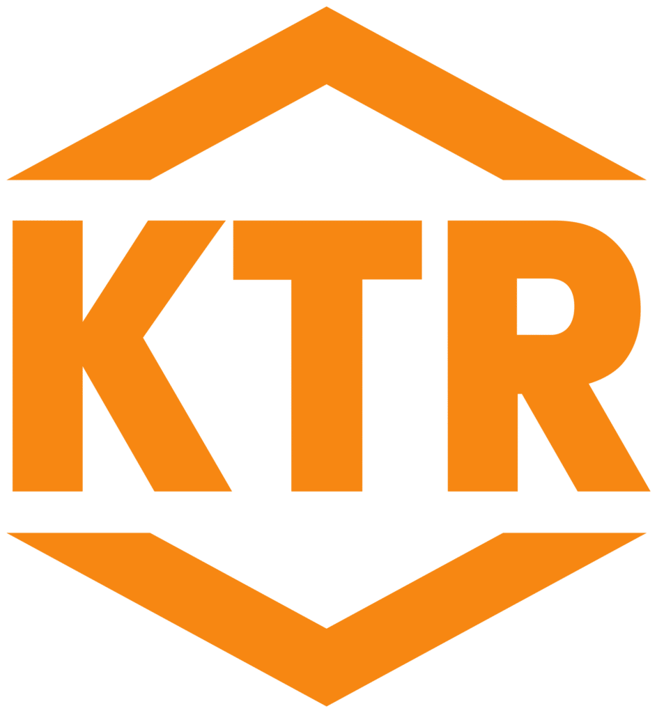 Logo KTR Orange : Solutions de Transmission de Puissance Logo KTR orange avec lettres capitales encadrées par deux chevrons formant une structure hexagonale.