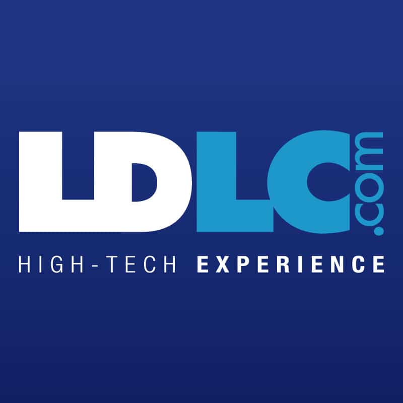 Logo LDLC.com : Expert High-Tech Experience en ligne Logo LDLC.com blanc et bleu ciel sur fond bleu marine avec le slogan High-Tech Experience.