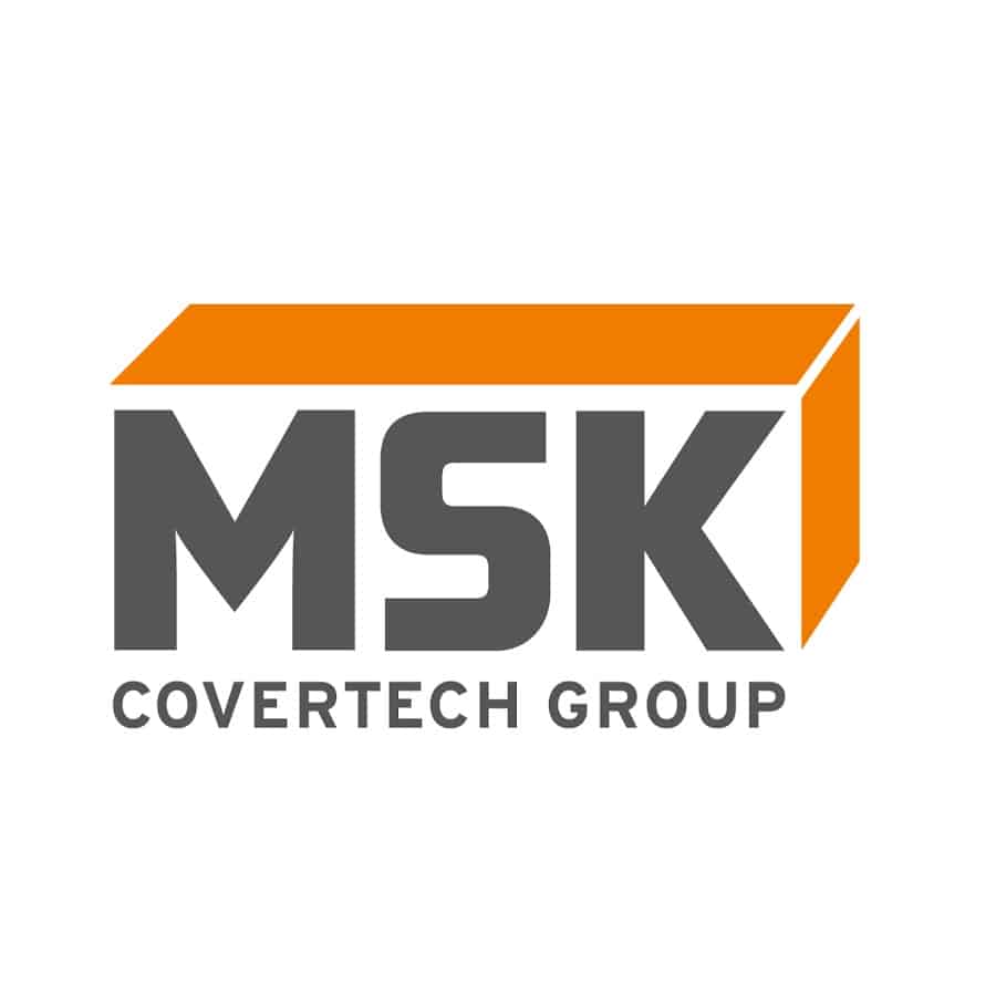 MSK Covertech Group : Leader en solutions de houssage Logo MSK Covertech Group avec lettres grises et un élément graphique orange en 3D sur fond blanc.