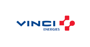 Logo VINCI Energies : Identité Visuelle et Réseaux Logo VINCI ENERGIES bleu et rouge avec un symbole de réseau graphique sur fond blanc.
