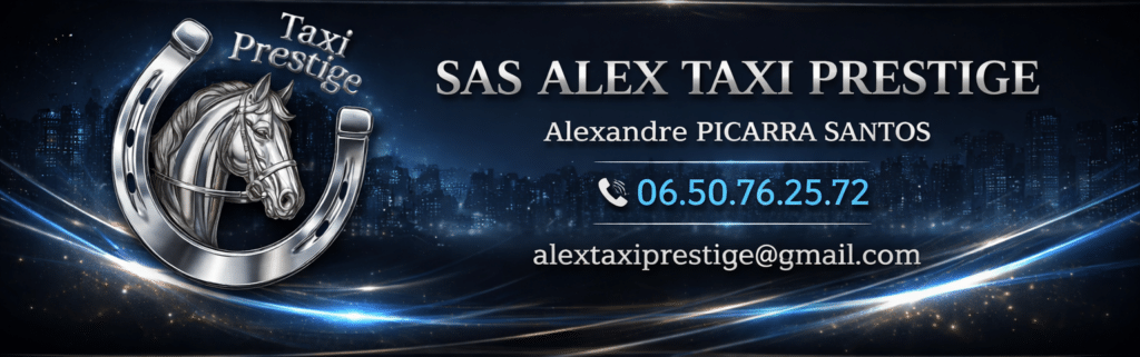SAS ALEX TAXI PRESTIGE : Votre Service de Transport de Luxe Logo fer à cheval argenté SAS Alex Taxi Prestige par Alexandre Picarra Santos sur fond de ville nocturne étincelante.